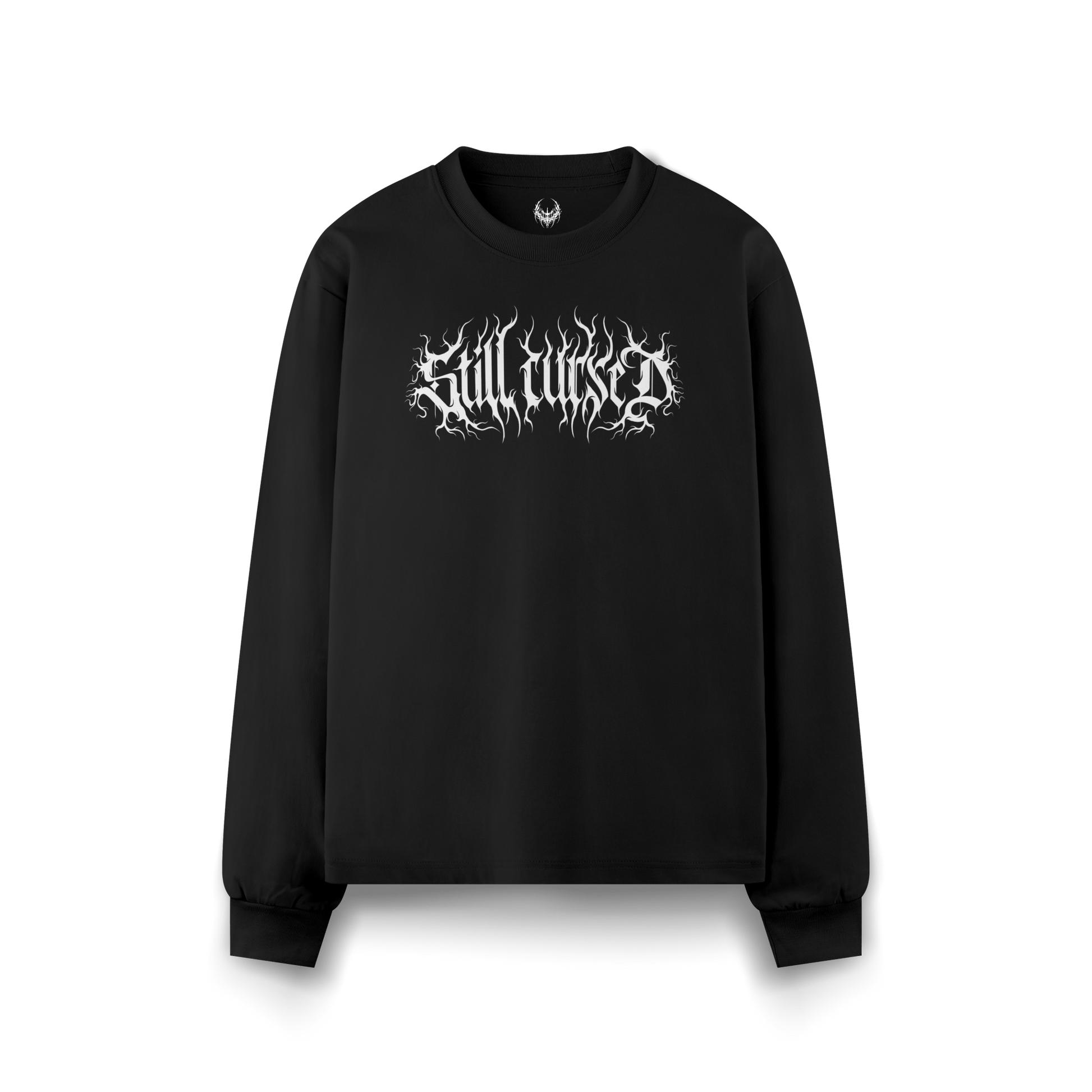 Still Cursed long sleeve tee displayed flat front– black occult graphic shirt made from GOTS certified organic cotton, oversized cut