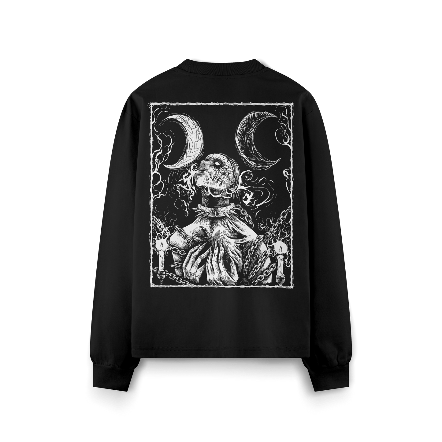 Still Cursed long sleeve tee displayed flat back – black occult graphic shirt made from GOTS certified organic cotton, oversized cut