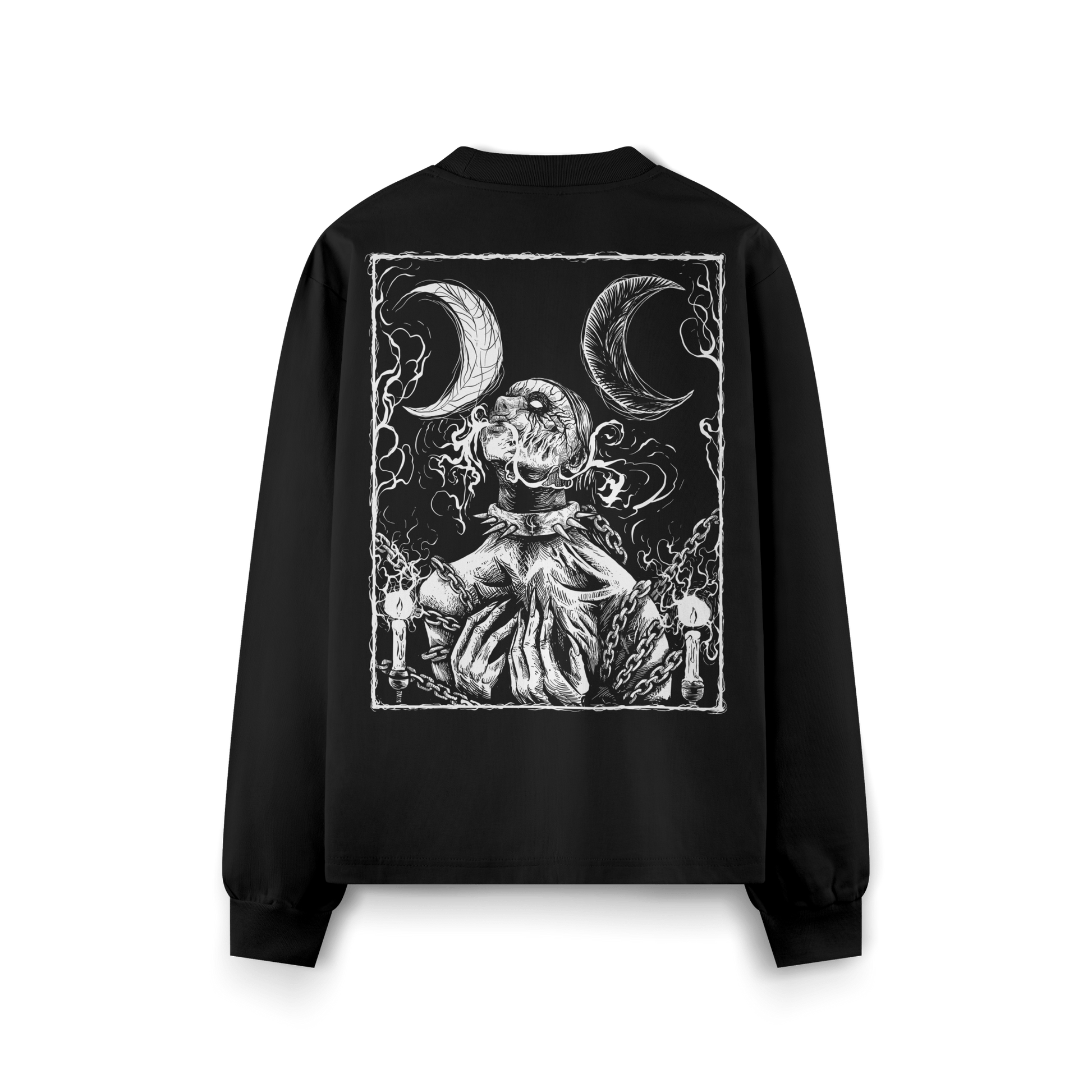 Still Cursed long sleeve tee displayed flat back – black occult graphic shirt made from GOTS certified organic cotton, oversized cut